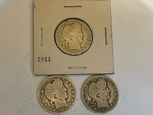 3x Barber Silver Quarter Lot Including 1905-O, 1911-D, 1911-S 90% Silver