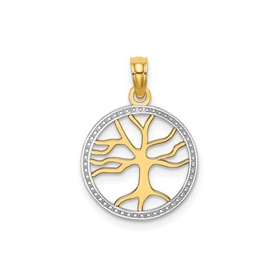 10k Yellow Gold Tree of Life Pendant for Women Rhodium Cutout Round Charm