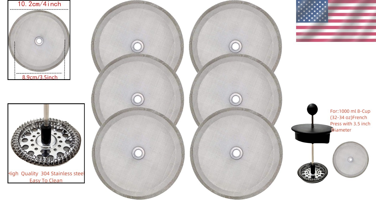 6pcs French Press Filter Screen - Universal 1000 ml, 34 Oz, 8 Cup Coffee Make...