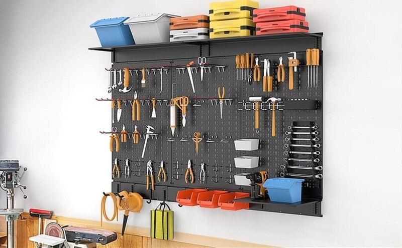 WALMANN 100+ Pcs Pegboard Wall Organizer Kit w/ Hooks, Bins, Shelves (Black)