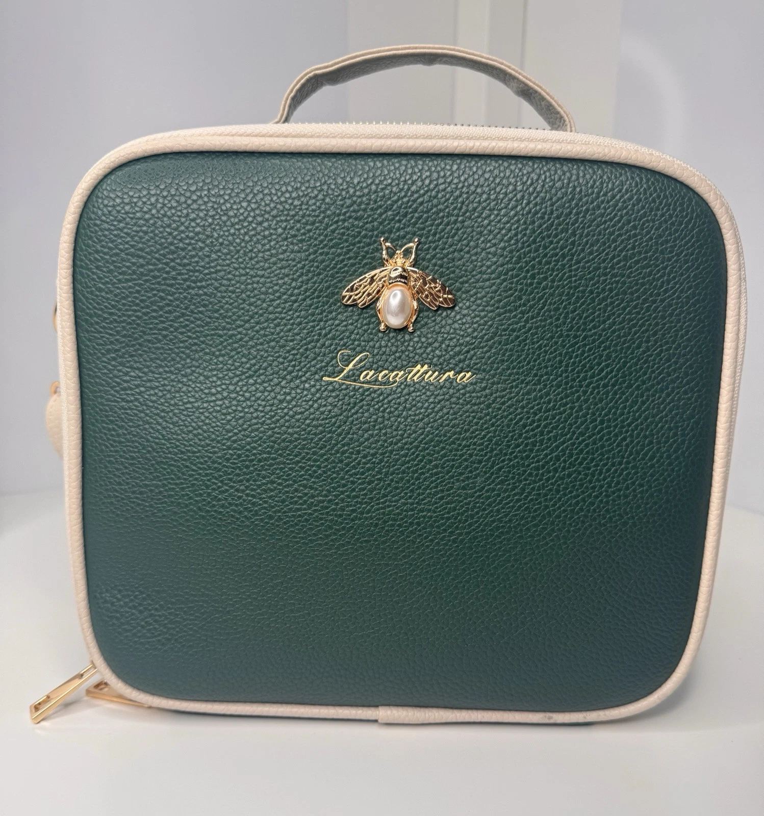 LACATTURA Travel Makeup bag Green Leather Makeup Train Case Cosmetic Organizer