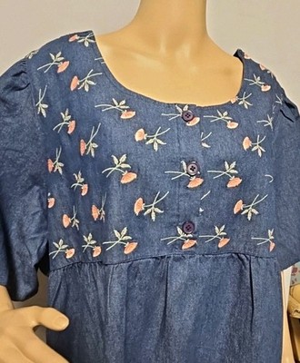 NWT National Embroidered Floral Denim Lounge House Dress MuuMuu  Pockets 2X