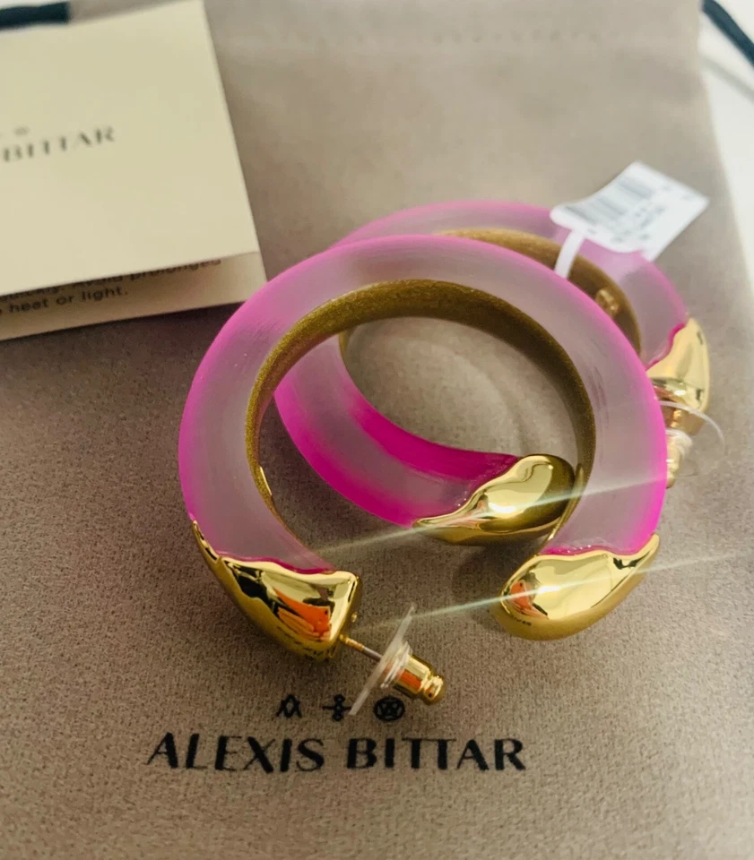 BRINCOS DE ARGOLA ALEXIS BITTAR LUMINOS ROXO LUCITE MERGULHADO OURO DECLARAÇÃO 2" NOVO - Imagem 4 de 4