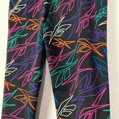 Reebok Leggings Youth Medium Black Neon Rainbow All Over Print Activewear Kids - Picture 7 of 7