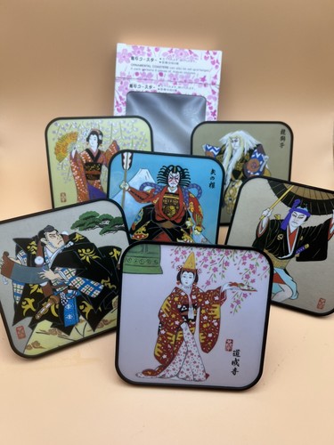 Vtg Set of 6 Standing Coasters Japan Kabuki Artwork Characters With Original Box - Picture 9 of 22