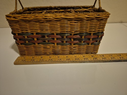 Wicker Cutlery Utensil Basket 4 Section Brown Red Green EUC W Handle Heavy Duty - Picture 7 of 9