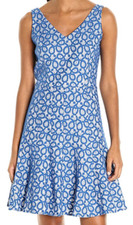 Nine West Ivory/Riviera Blue Fit & Flare Scroll Stretch Lace V-Neck Dress, 12