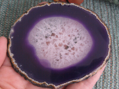 NEW GENUINE BRAZILIAN PURPLE AGATE CRYSTAL GEODE SLICE W/QUARTZ CRYSTAL--3.44''