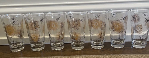 Lot Of 7 - Vintage MCM Glass Atomic Starburst Glasses Tumblers -  Gold Black