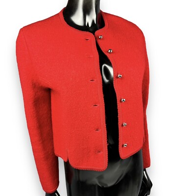 Vtg Eagle Eye Red 100% Boiled Wool Fitted Cardigan Sweater Gold Buttons Sz 