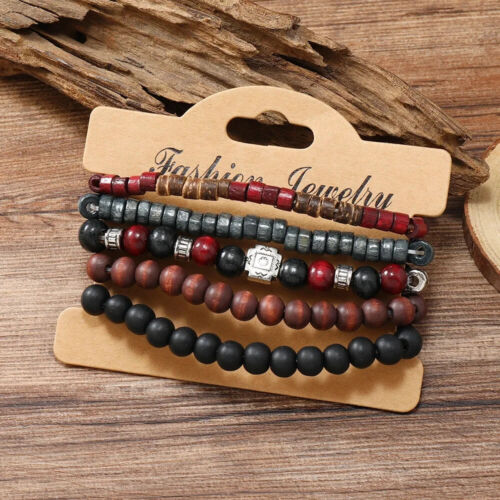 5pcs Set Mens Womens Red Black Brown Beaded Retro Wooden Wristband Bracelet - Picture 2 of 3