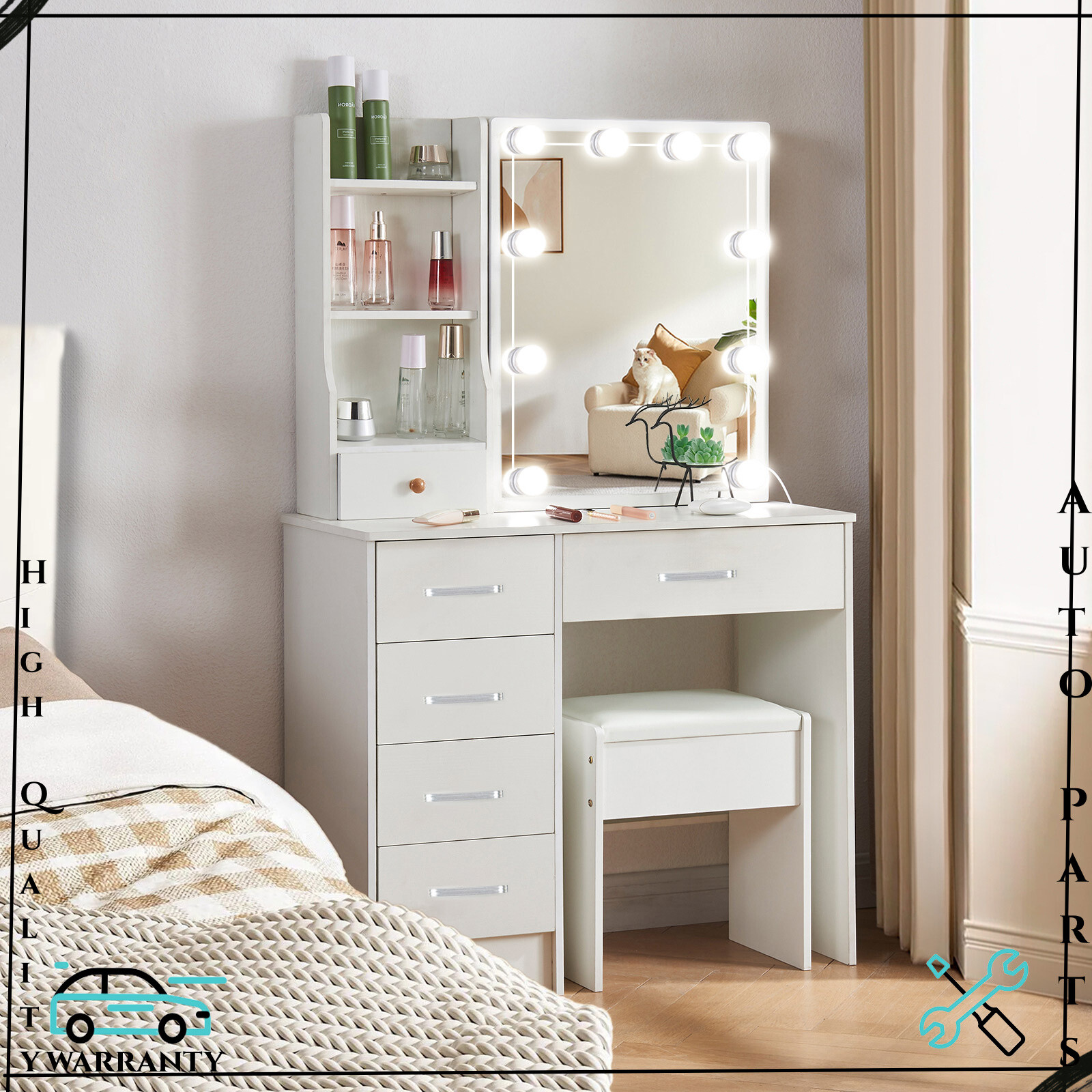 LED Dressing Table Set w/ 3 Lights Modes Mirror Vanity Makeup Desk and Stool NEW