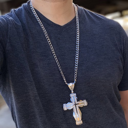 Men Huge Double Cross Pendant Jesus Necklace Silver Tone Hip Hop Cuban Chain 30" - 第 12/12 張圖片