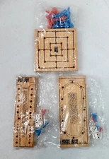 NEW  Vintage Lot of 3 Wooden Peg Games Horse Race Peg Out Mill Travel Mini  823
