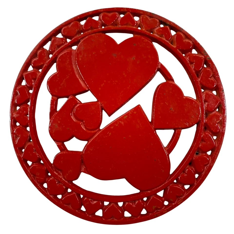 Vintage Red Cast Iron Trivet with Hearts – Mid-Century Kitchen Decor, Valentine’ - Image 2 of 3