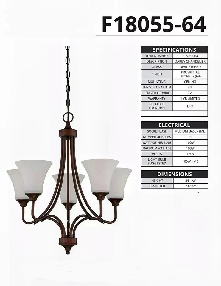 Lámpara de araña Darby de 5 luces Sunset Lighting 100 W bronce provincial - F18055-64 Foto 2 de 4