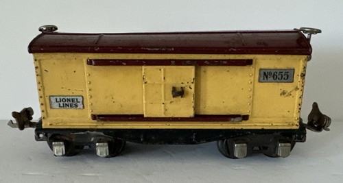 LIONEL O SCALE LINES 655 YELLOW AND BROWN BOX CAR SLIDING DOORS PRE WAR 1939 USA - Picture 8 of 20