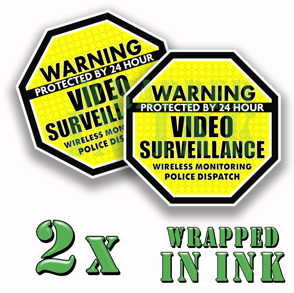 WRAPPED IN INK Warning 24 hour Video Surveillance Security Stickers YELLOW OCT. Decal 2 PACK