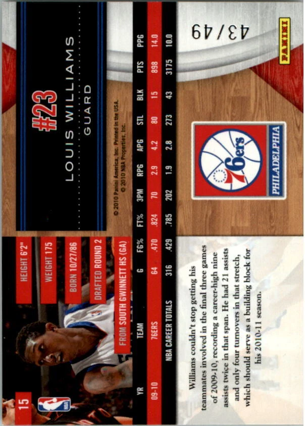 2010-11 Limited Gold Spotlight #15 Louis Williams/49 - NM-MT - Image 2 of 2