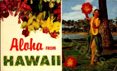 Vintage postcard  Aloha from Hawaii Beautiful Flowers and Hula Girls Synonymous 