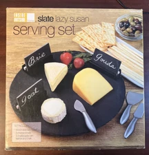 Slate Lazy Susan Serving Set 14” Turntable Charcuterie 3 Knives 3 Chalkboards