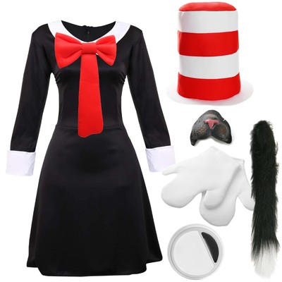 DAMEN CRAZY CAT KOSTÜM WELTTAG DES BUCHES KOSTÜM KLEID HUT HANDSCHUHE FLIEGE
