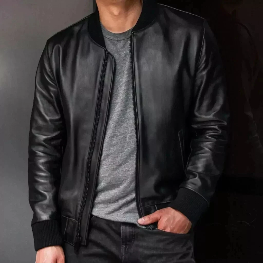 Men's Black Lambskin Leather Bomber Jacket Genuine Leather Casual Outerwear
