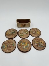 6 Hand Painted Brown Leather Coasters Drink Holders South America Vtg 7 Piece