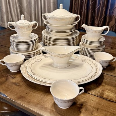 VTG 62pc MCM Edwin Knowles Arcadia Ribbons Leaves China Dish Set USA 22K Gold