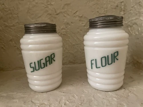 Pair Vintage HAZEL ATLAS Milk Glass Beehive FLOUR SUGAR Shakers Green Letters