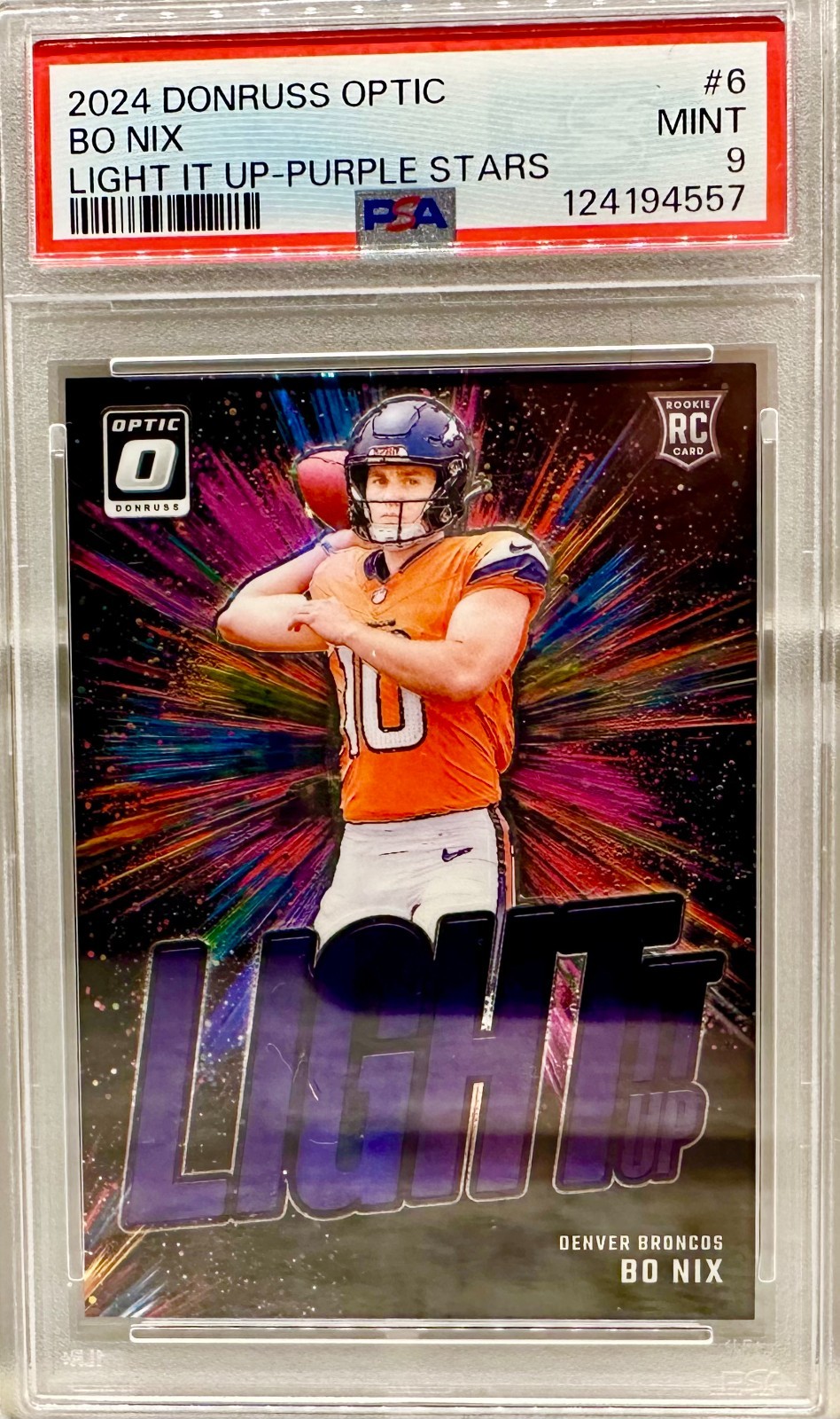 JERSEY # MATCH! 2024 Panini Optic Light It Up Bo Nix Purple 10/25! PSA 9 ROOKIE!