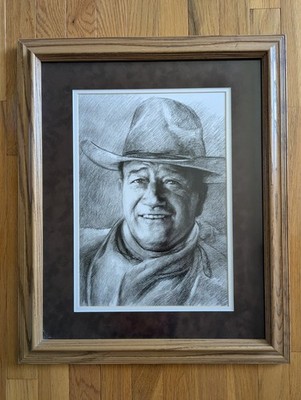 John Wayne Charcoal Sketch Solid Oak Frame Western Cowboy Portrait Realism