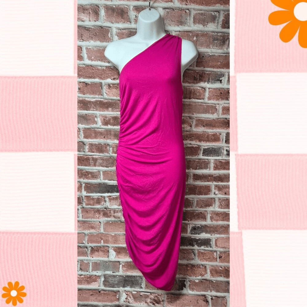 A New Day Pink One Shoulder Ruched Mini Dress  Women’s Small Knit Surplice NEW