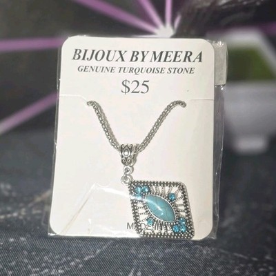 Bijoux by Meera Silver Turquoise Rectangular Pendant Necklace Cable Chain