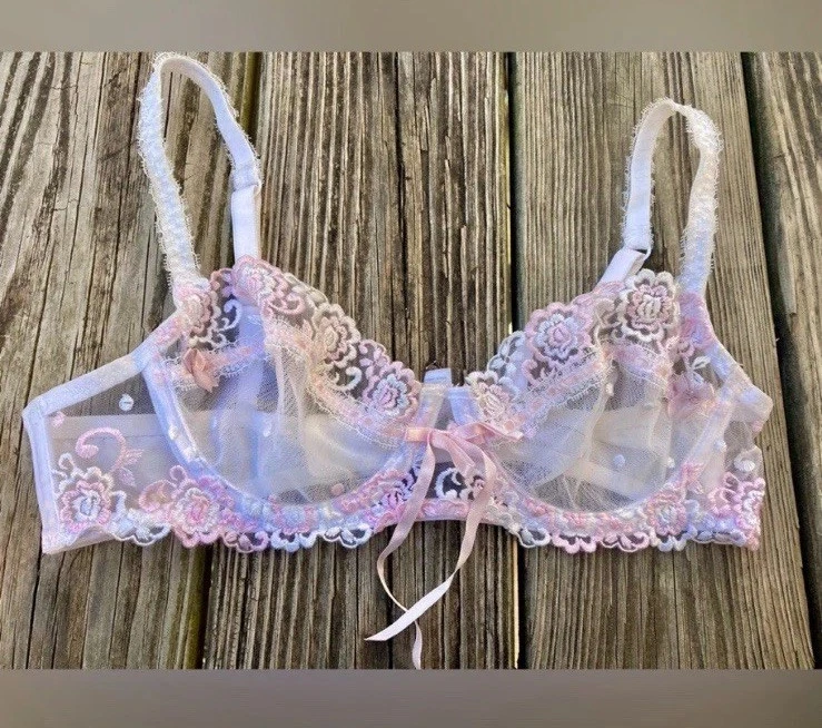 36B White & Light Pink Little Bo Peep Jezebel Mesh & Floral Embroidered Bra - Image 4 of 4