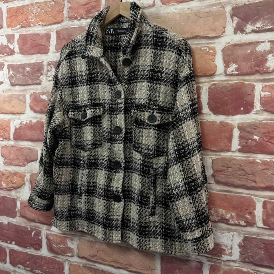 Zara Blazer Jacket Womens XL Cream Black White Tweed Pocketed Button Front - Image 3 of 4