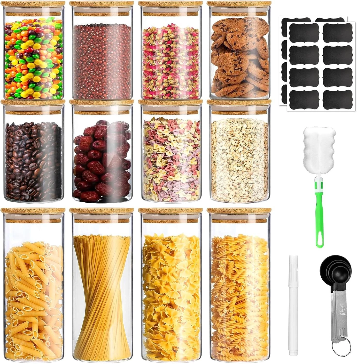 Set of 12 Glass Jars Clear 950 ML Capacity with Airtight Bamboo Lids