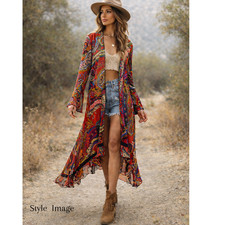 Vintage Jersey Duster Size 18 Red Paisley Asym Hem Velvet Trim Boho Long Sleeve
