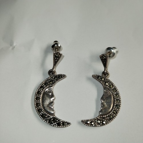 Vtg Estate Sterling Silver Crescent Moon Man Earrings Marcasite Dangle Celestial - Picture 6 of 11