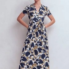 Boden Naomi Jersey Midi Dress Womens 10 Long Navy Ochre Floral NWT Short Sleeve