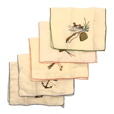 Lot of 5 Vintage Embroidered Handkerchiefs Ivory w/ Multicolor Borders
