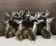 Deer Head Silver Metal Christmas Tree Ornaments w/Faux Fur 8.5 X 8 Set Of 4