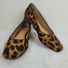Crown Vintage Talzie calf hair leather leopard square toe flats black gold Sz 7