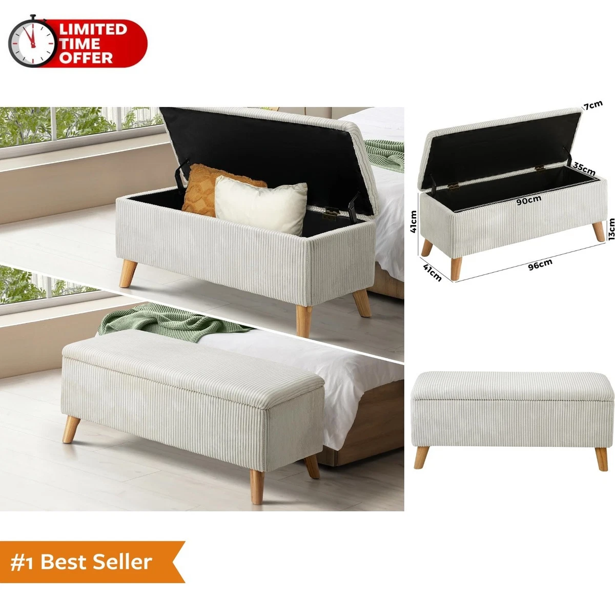 Storage Ottoman 96x41x41cm Beige Polyester Foot Rest Bench Stylish Storage