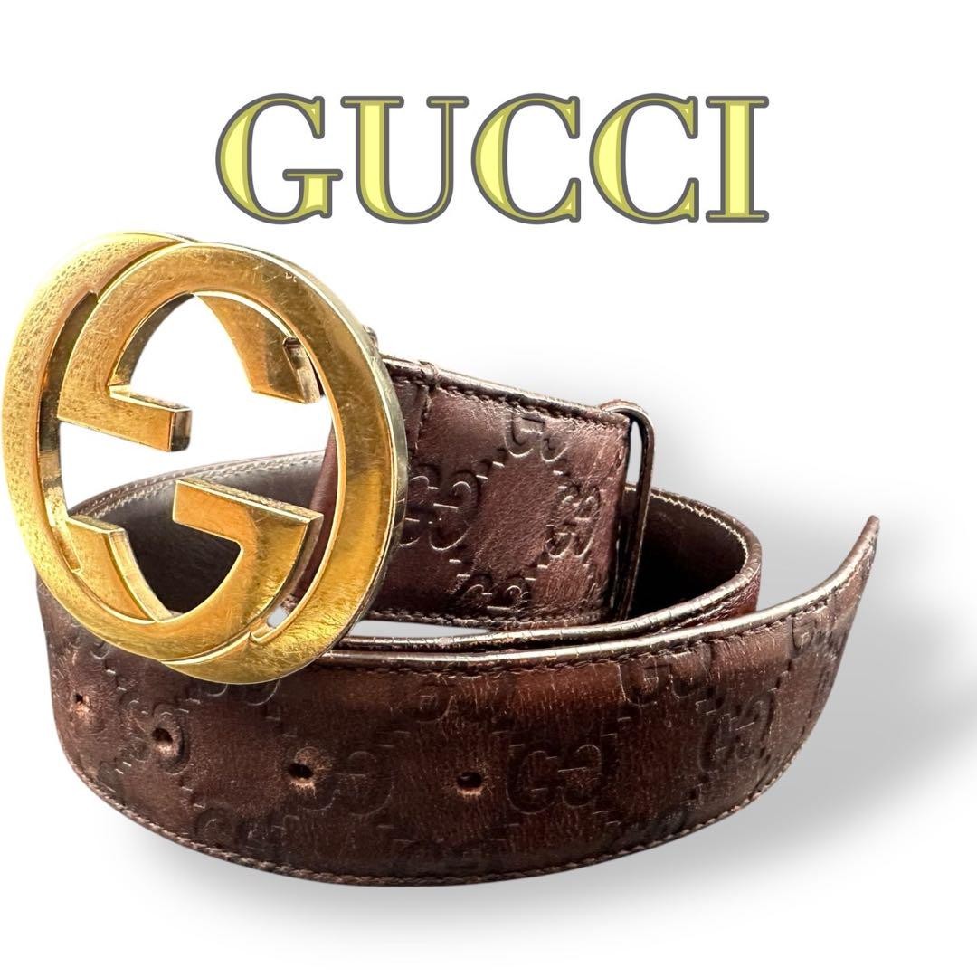 Gucci Gold Shima Logo Engraved Belt 844 Authentic Pre-Owned