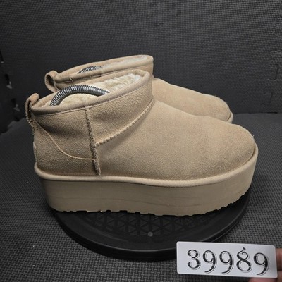 UGG Boots Womens Size 9 Beige Suede Shearling Platform Ankle Lined Winter