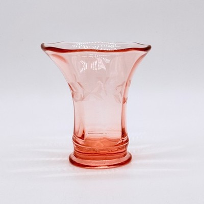 Vtg Lancaster Pink Depression Glass Vase With Etched Trumpet Shape Sweet Pea