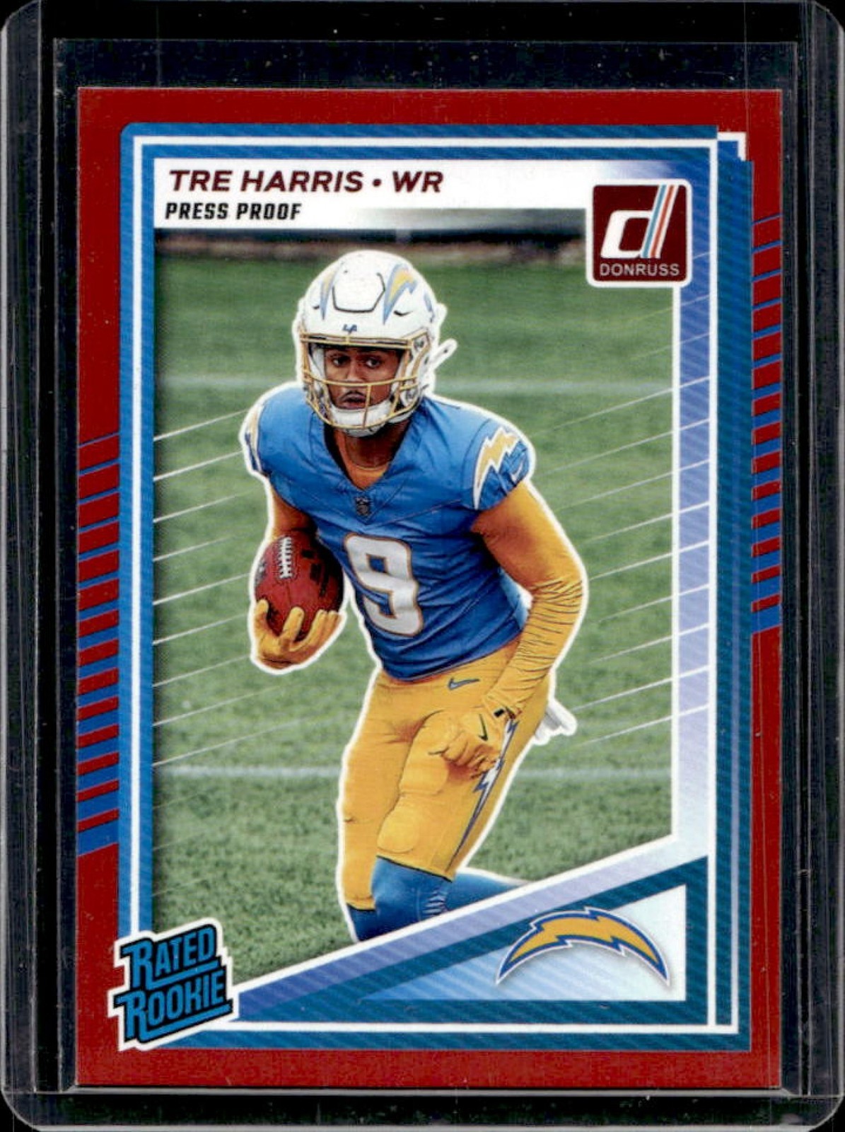2025 Donruss Tre Harris Rated Rookie Press Proof Red RC #329 Chargers