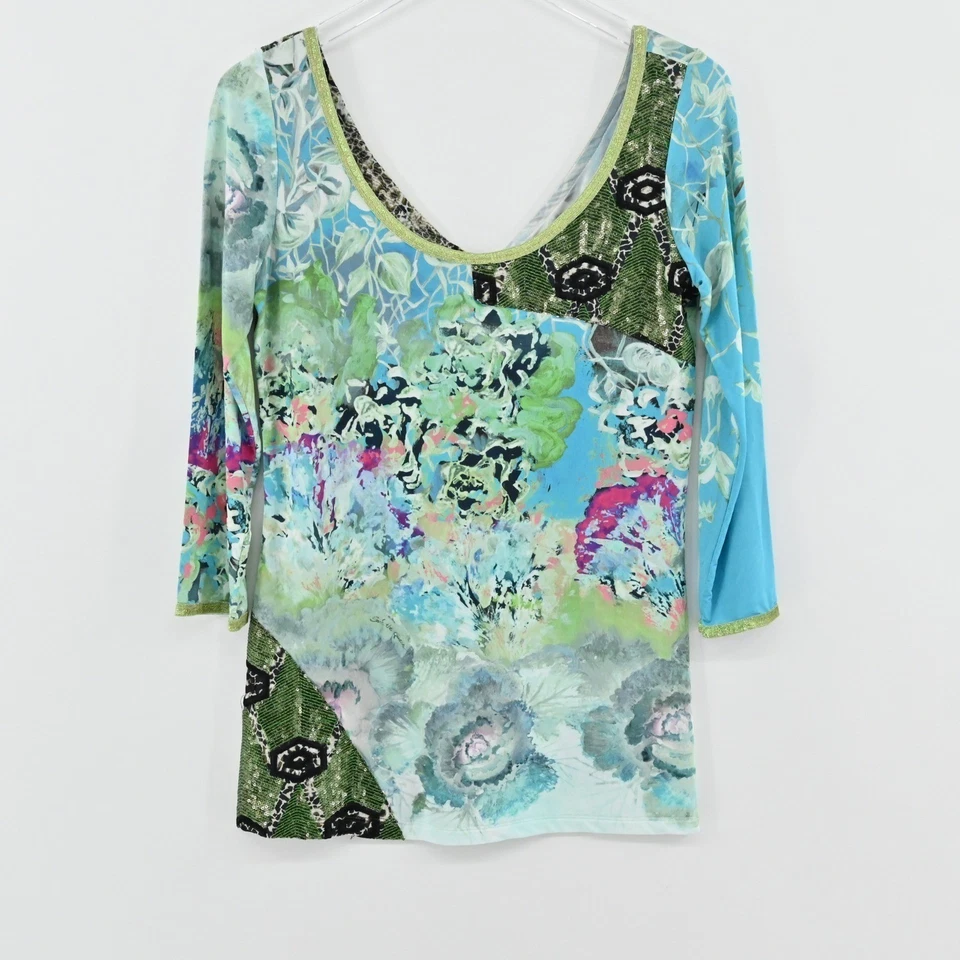 Save the Queen Sequin Floral Top Womens Size S Blue Green Italy Mixed MediaBot - Image 1 of 4