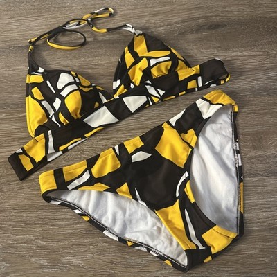 Sunsets Bikini Set Small Yellow Black Geometric Halter Top 2 Piece Swimsuit S